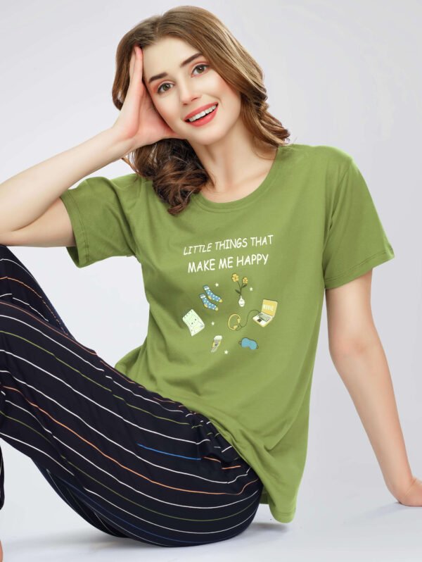 Women's Olive Green Stripe Printed Cotton Night Dress of Top and Pajama set