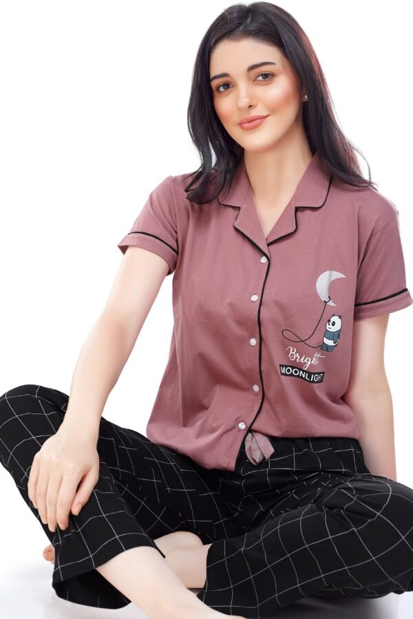 Women's Cotton Rust Brown Checked Printed Stylish Night Suit Set