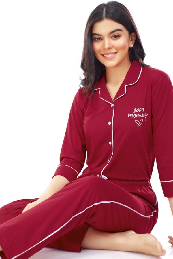 Women's Cotton Red Solid Stylish Night Suit Set