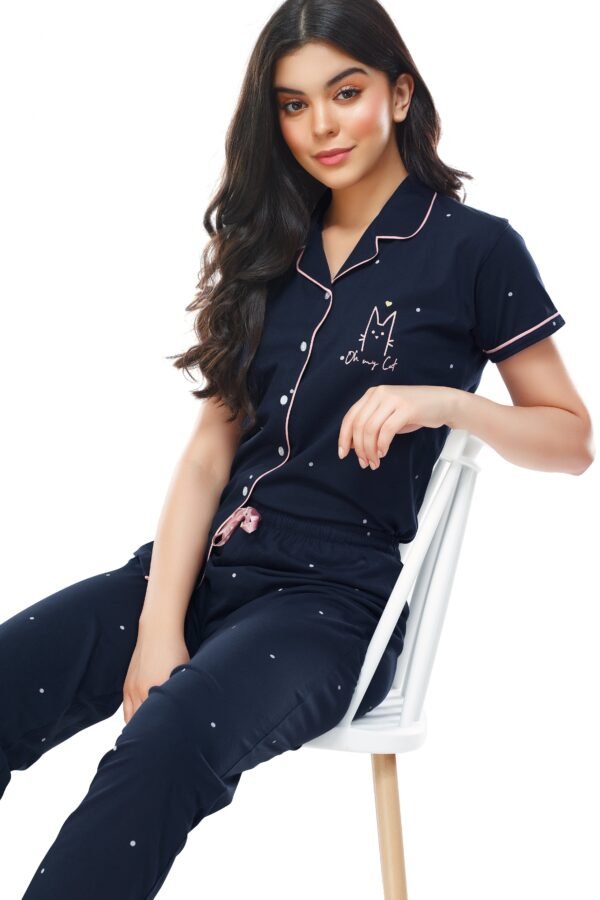 Women's Cotton Navy Blue Flash Printed Stylish Night Suit Set