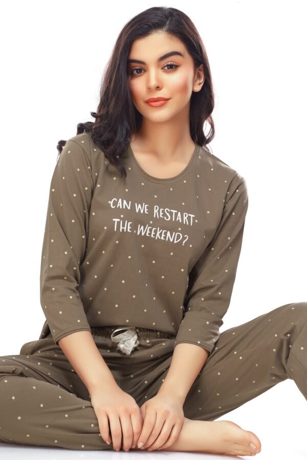 Women's Cotton Brown Dot Printed Stylish Night Suit Set