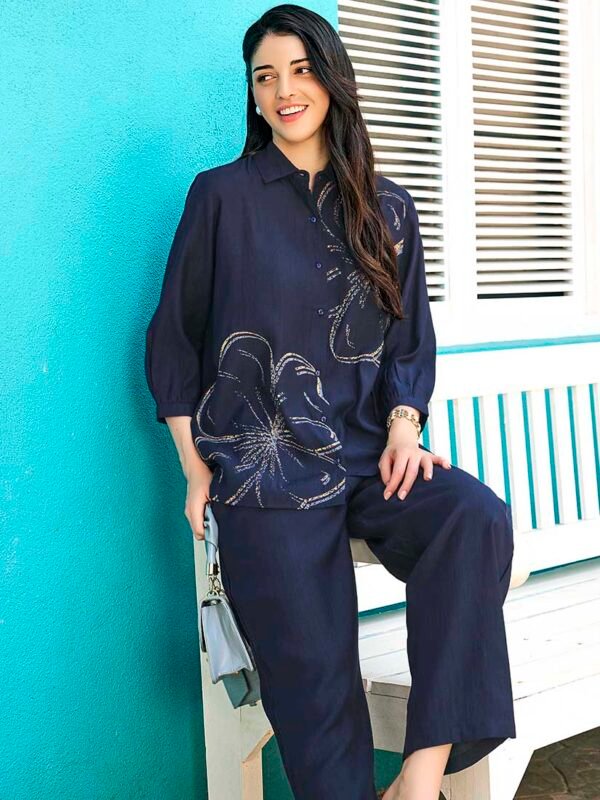 Women's Navy Blue Floral Printed Viscos Night Dress of Shirt and Pajama Set