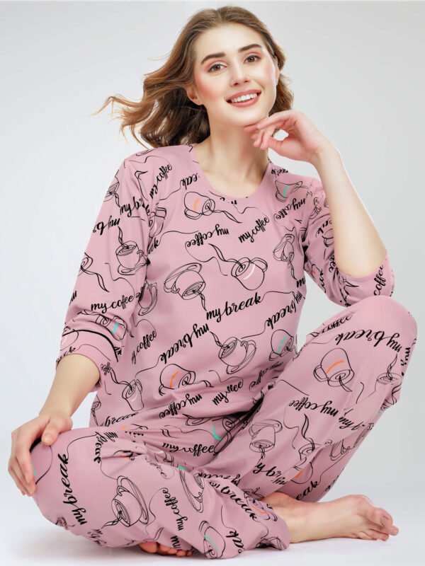 Women's Mauve Cup & Saucer Printed Cotton Night Dress of Top and Pajama set