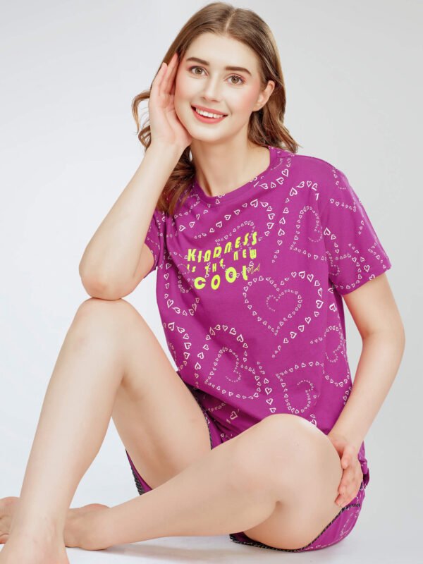 Women's Purple Heart Printed Cotton Night Dress of Top and Short's set