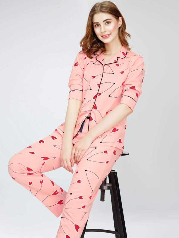 Women's Peach Heart Printed Cotton Night Dress of Shirt and Pajama set