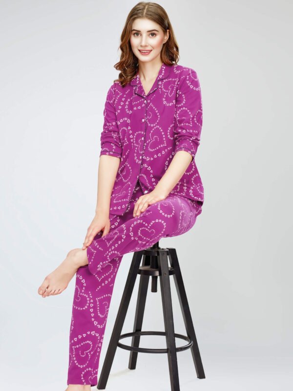 Women's Purple Heart Printed Cotton Night Dress of Shirt and Pajama set