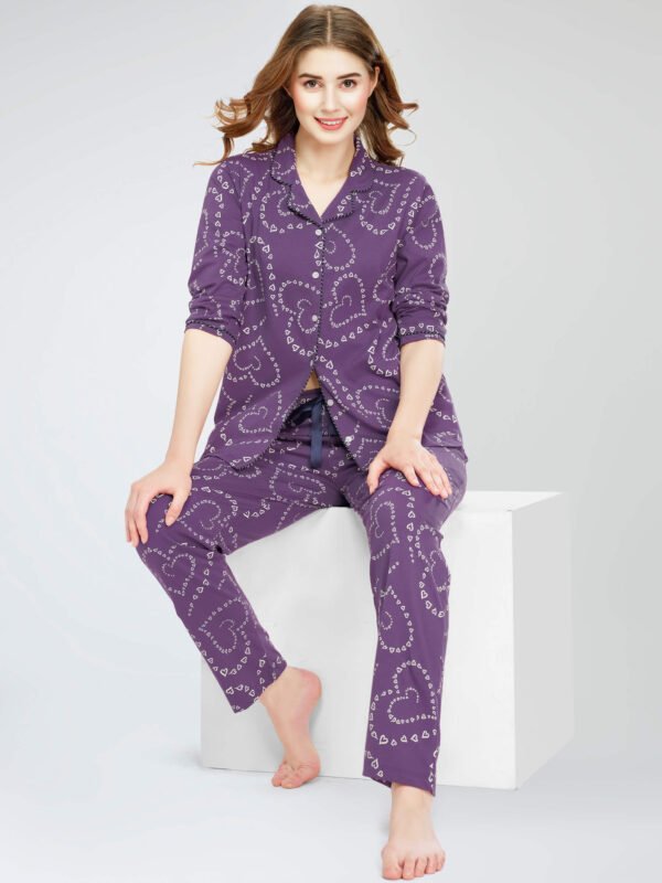Women's Violet Heart Printed Cotton Night Dress of Shirt and Pajama set