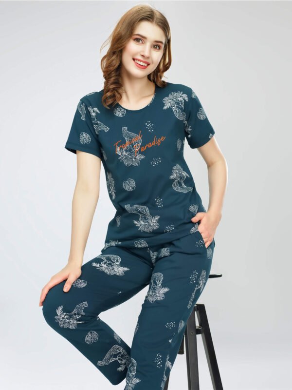Women's Teal Green Floral & Cheetah Printed Cotton Night Dress of Top and Pajama set
