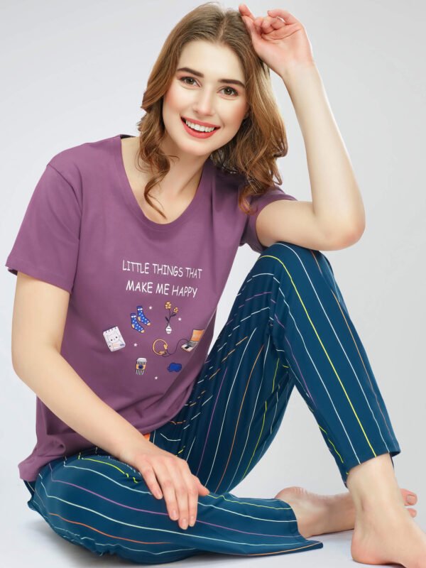 Women's Mauve Stripe Printed Cotton Night Dress of Top and Pajama set