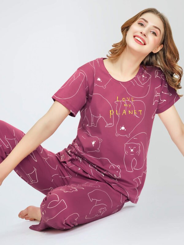 Women's Pink Polar Bear Printed Cotton Night Dress of Top and Pajama set