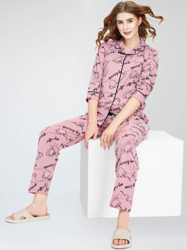 Women's Mauve Cup & Saucer Printed Cotton Night Dress of Shirt and Pajama set