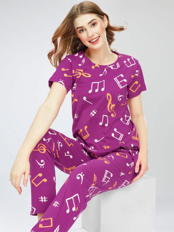 Women's Purple Musical Notes Printed Cotton Night Dress of Top and Pajama set